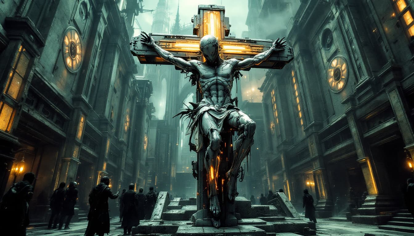 AI generated:  a sci-fi. scenery representing, futuristics humanoids crucified, againts   fictions cyber cross,in ...