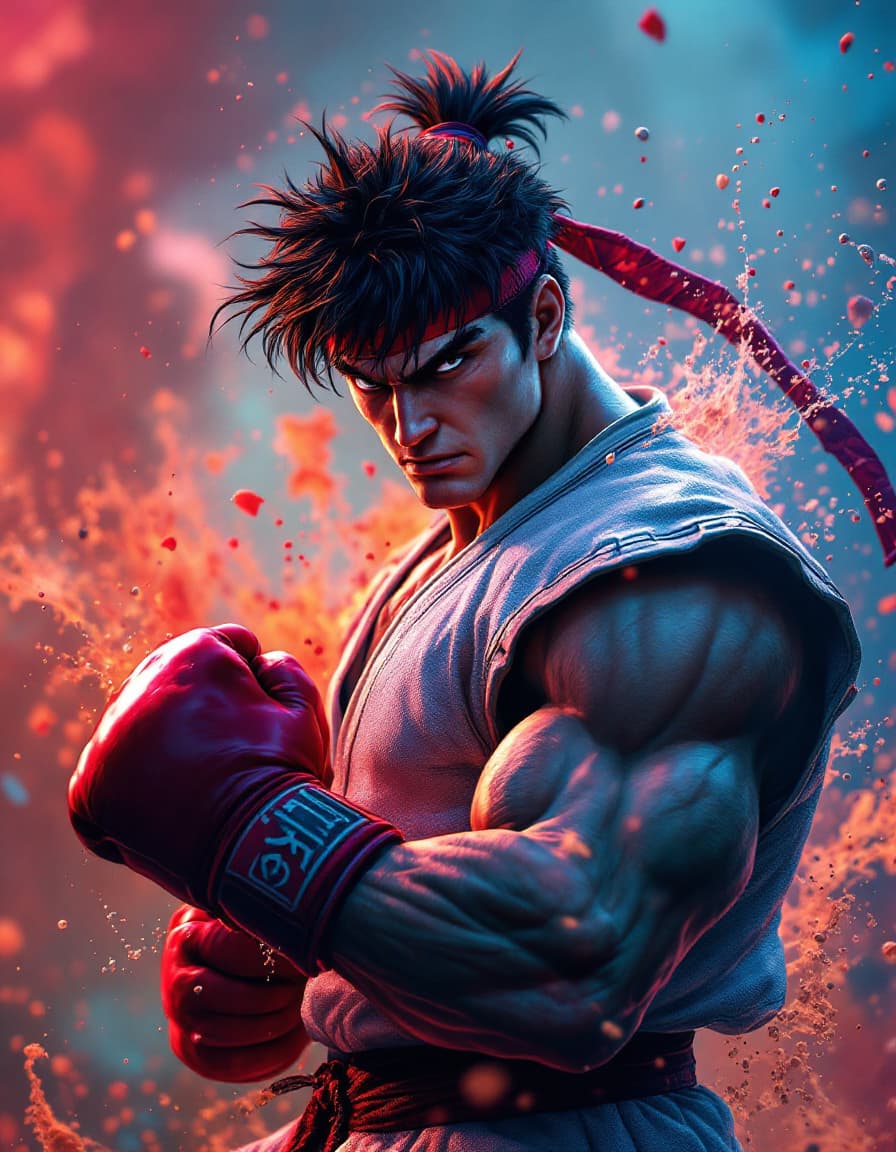 AI generated: Street Fighter Ryu, color, full body, muscular, intricate, highly detailed, photorealistic, splash, ...