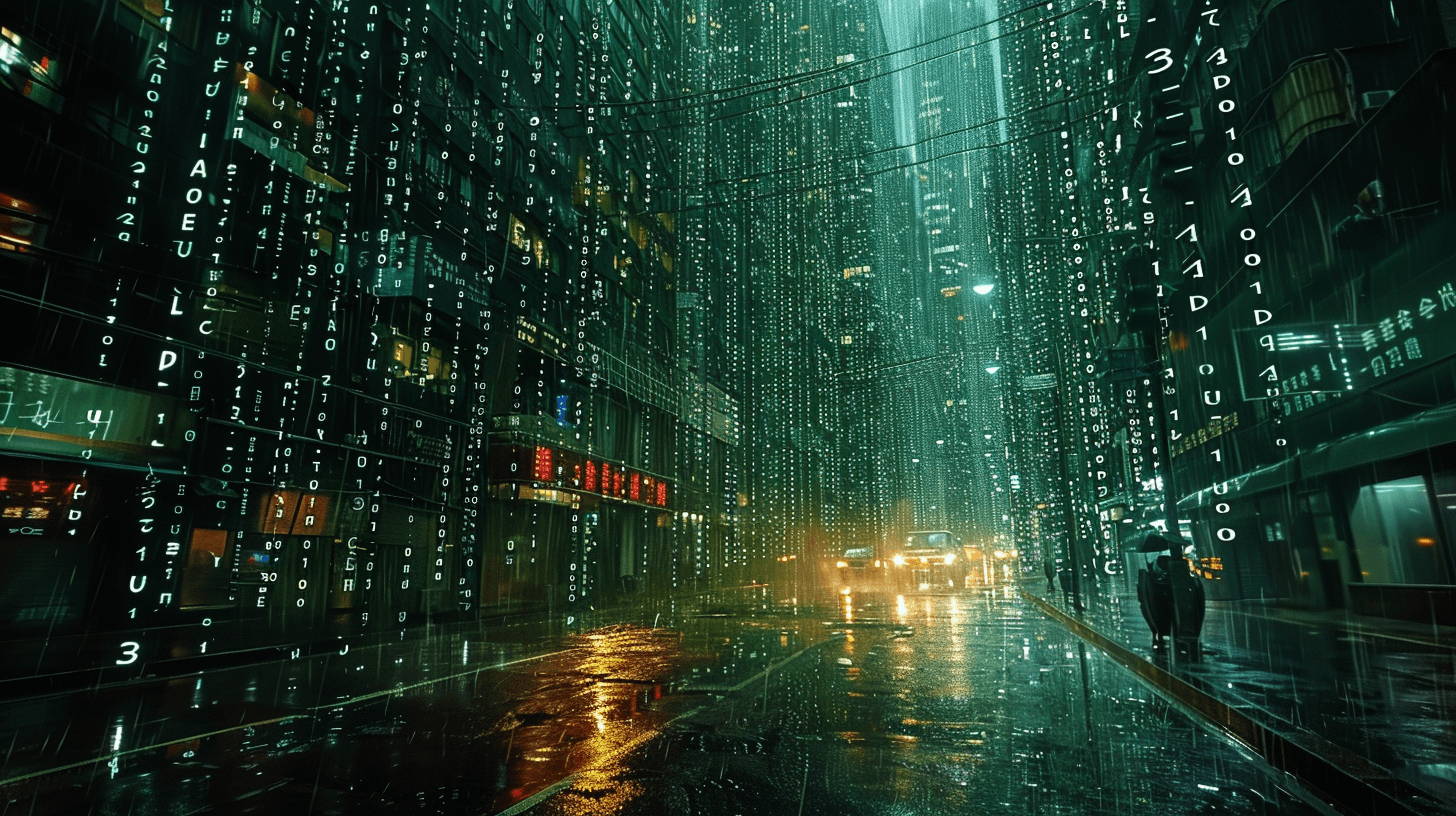 AI generated: A scene from the Matrix world with digital rain -- human batteries -- sentient machines -- neon gree...