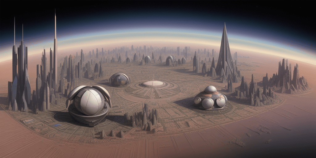 AI generated: Retro Futurism style, It is a city designed by Buckminster Fuller on Mars in 2500, influenced by the...