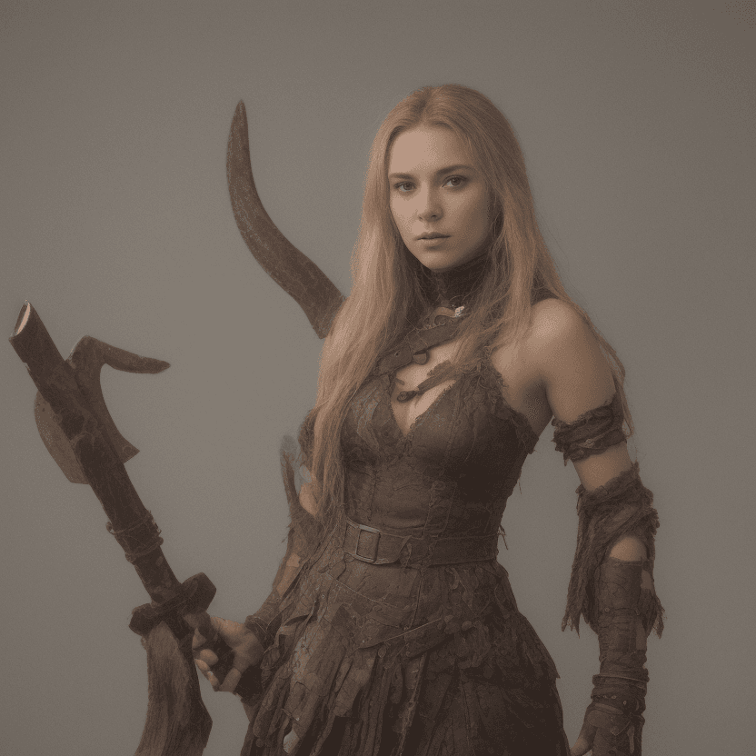 AI generated: a woman dressed in barbarian attire, posed with two axes. The woman has long, wavy dirty blonde hair...