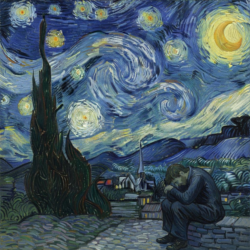 AI generated: sadness painitng, Van Gogh Starry Night sky, swirling stars, soft brush strokes, dreamy and whimsica...