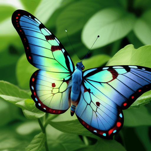 AI generated: mariposa verde y azul, con niños alrededor en el campo