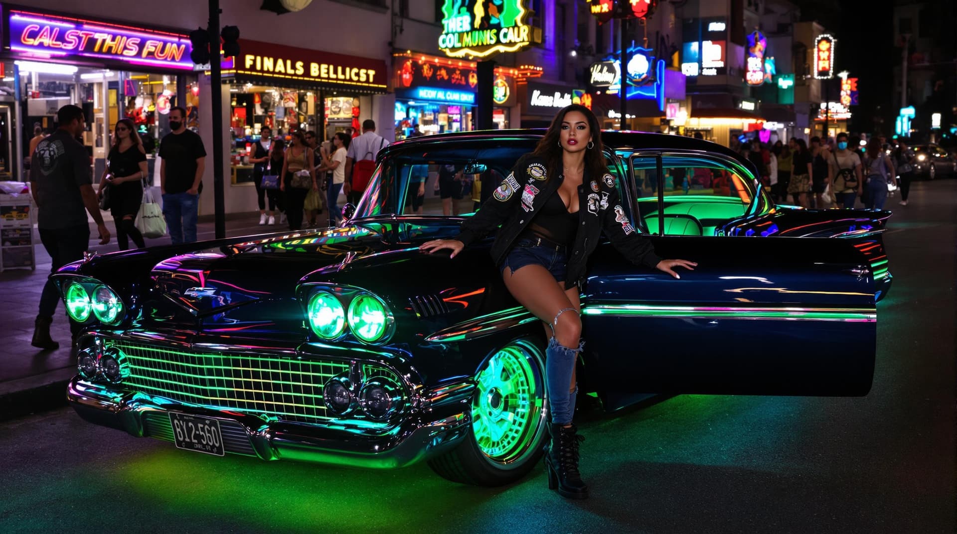 AI generated: A Latin-American woman, 22 years old, leaning out of the driver's side of her pimped-out 1959 Chevro...