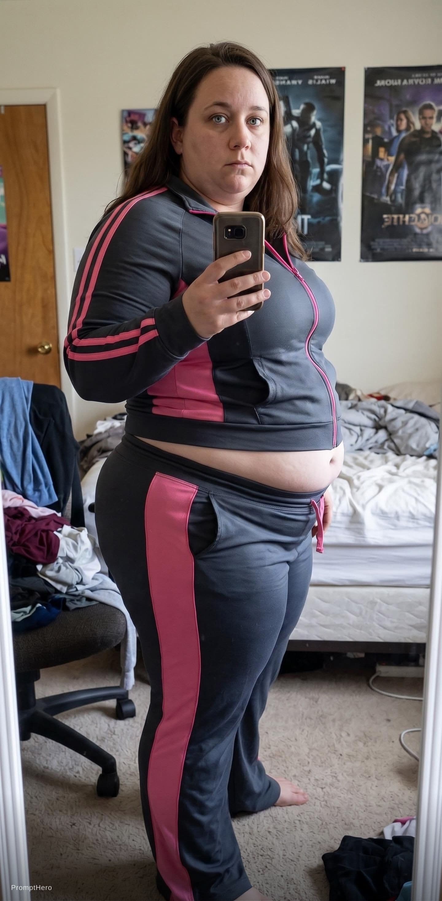 AI generated: A  massive plus size extremely morbidly obese 30 year old white woman dressed in tight tracksuit, br...