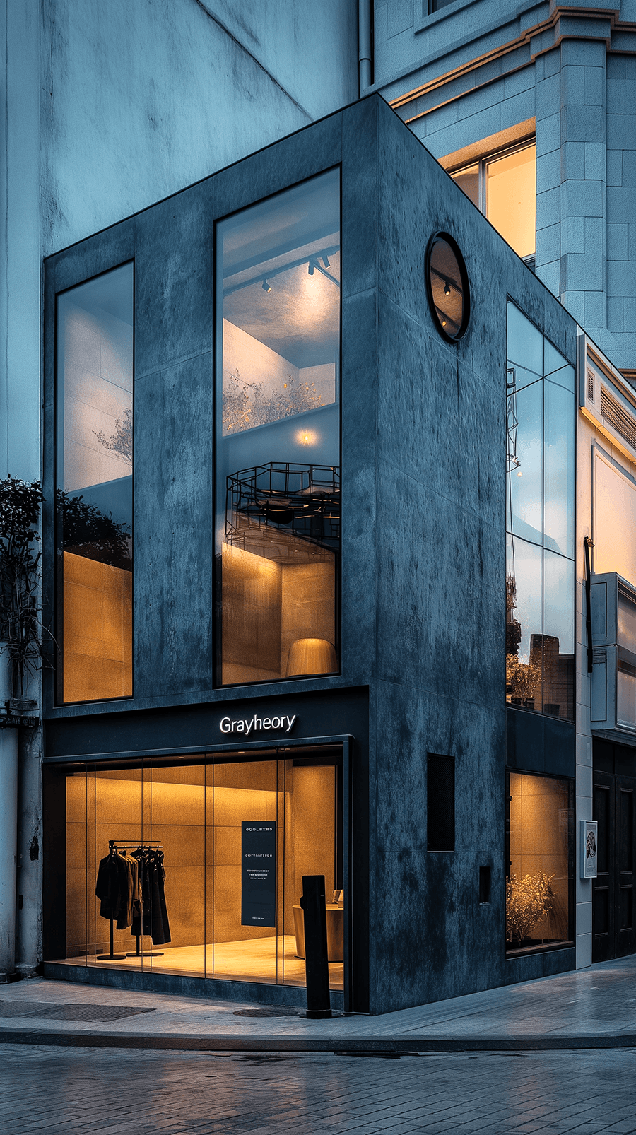 AI generated: highly detailed image, minimalist store facade, at dusk, sophisticated monochromatic, integrating el...