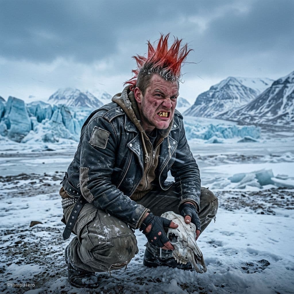 AI generated: A squat punk with a spike of flaming red hair, bulbous chin, and yellow crooked teeth snarling hunch...