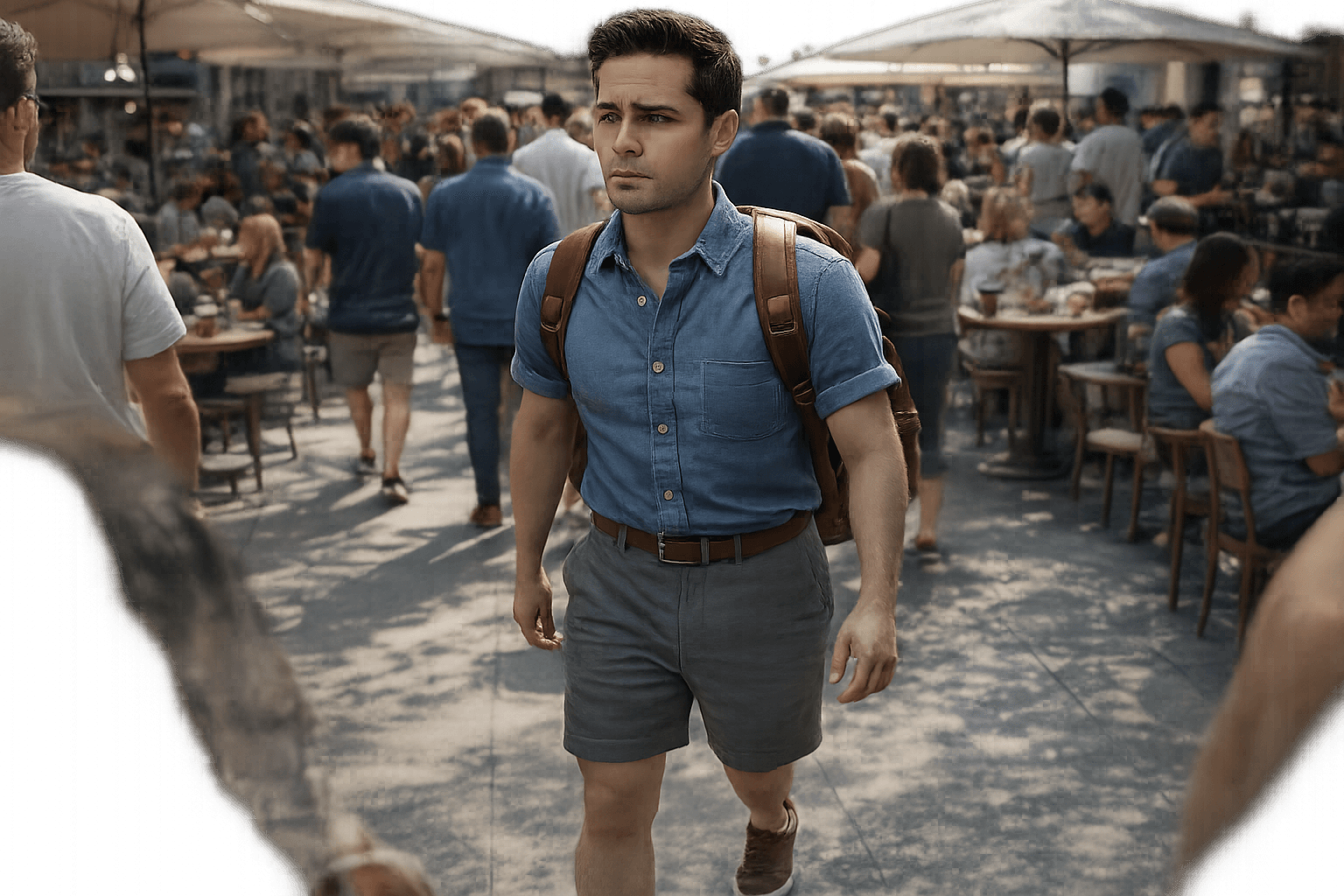 AI generated: In a sunny morning at a nice busy coffee shop. The model is walking through the crowd. The model is ...