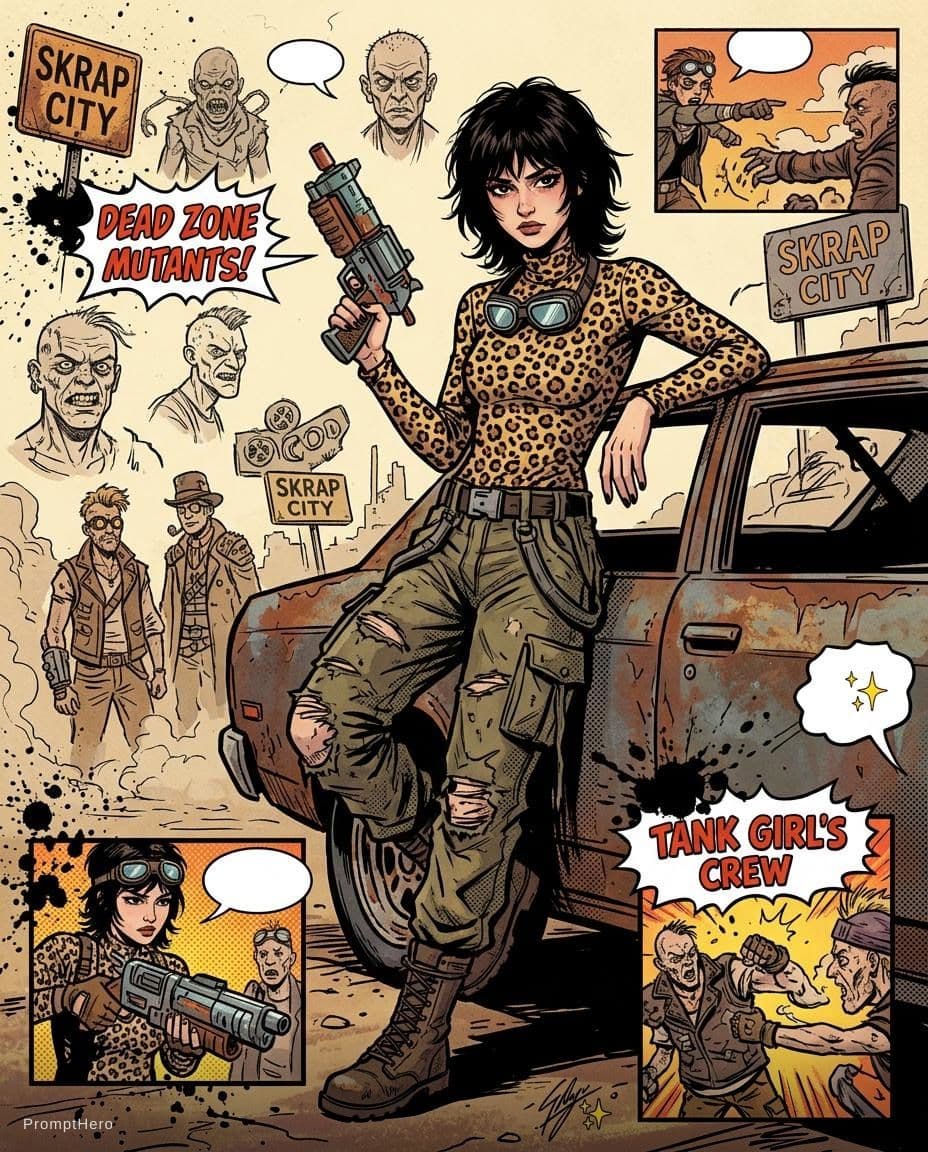AI generated: Full body shot 3/4 view, young beautiful European woman, holding a gun, random illustrations to fill...