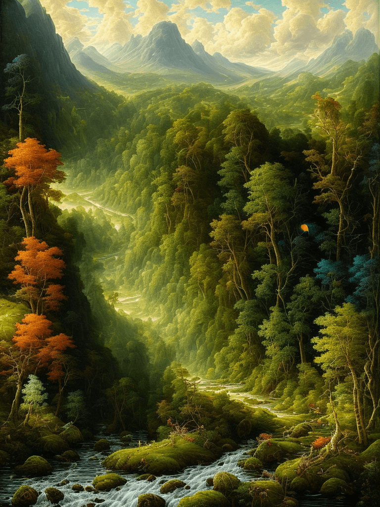 AI generated: an endless mountain range on the background, covered full with lush green forests and life, blue sky...