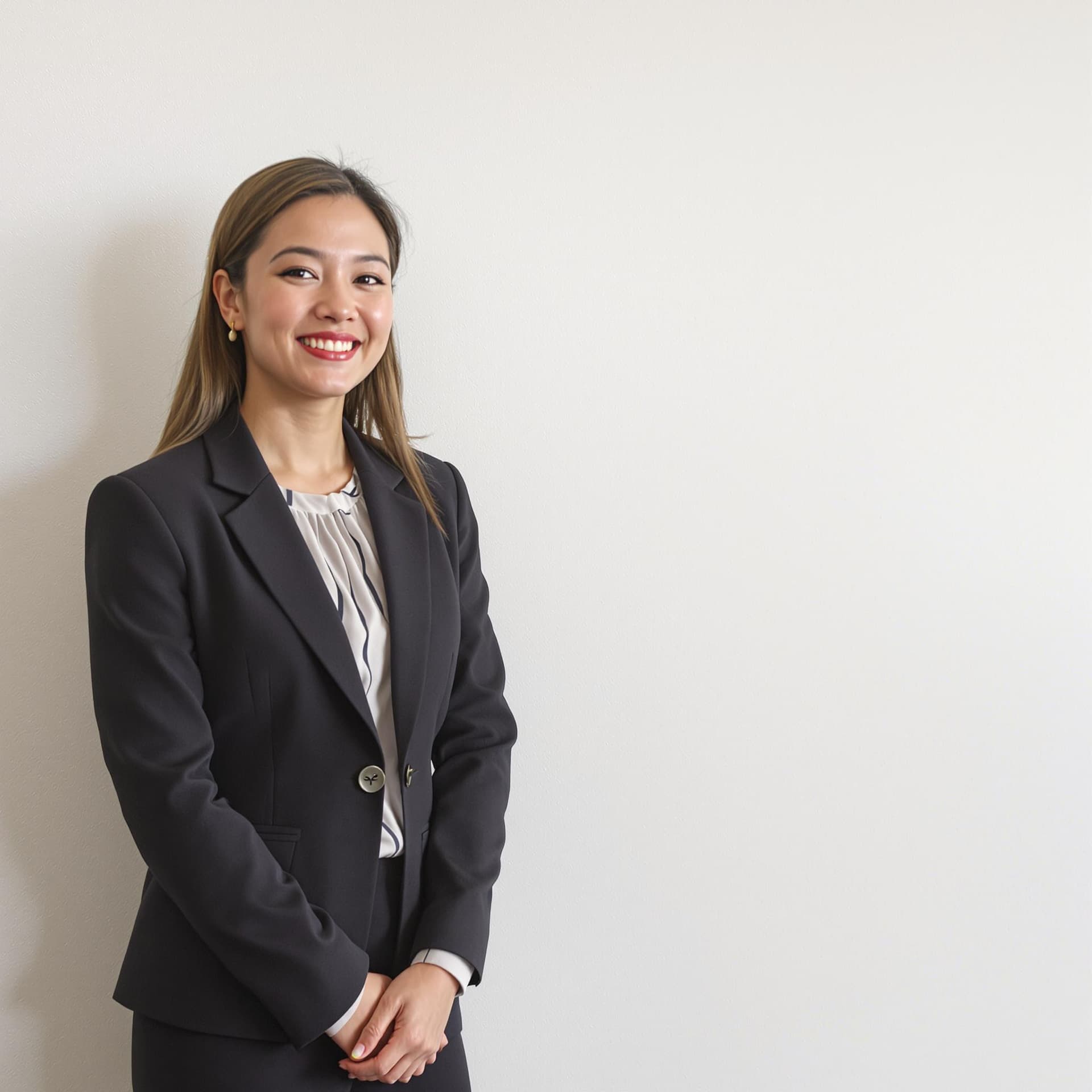 AI generated: asian woman in business professional attire, white wall
