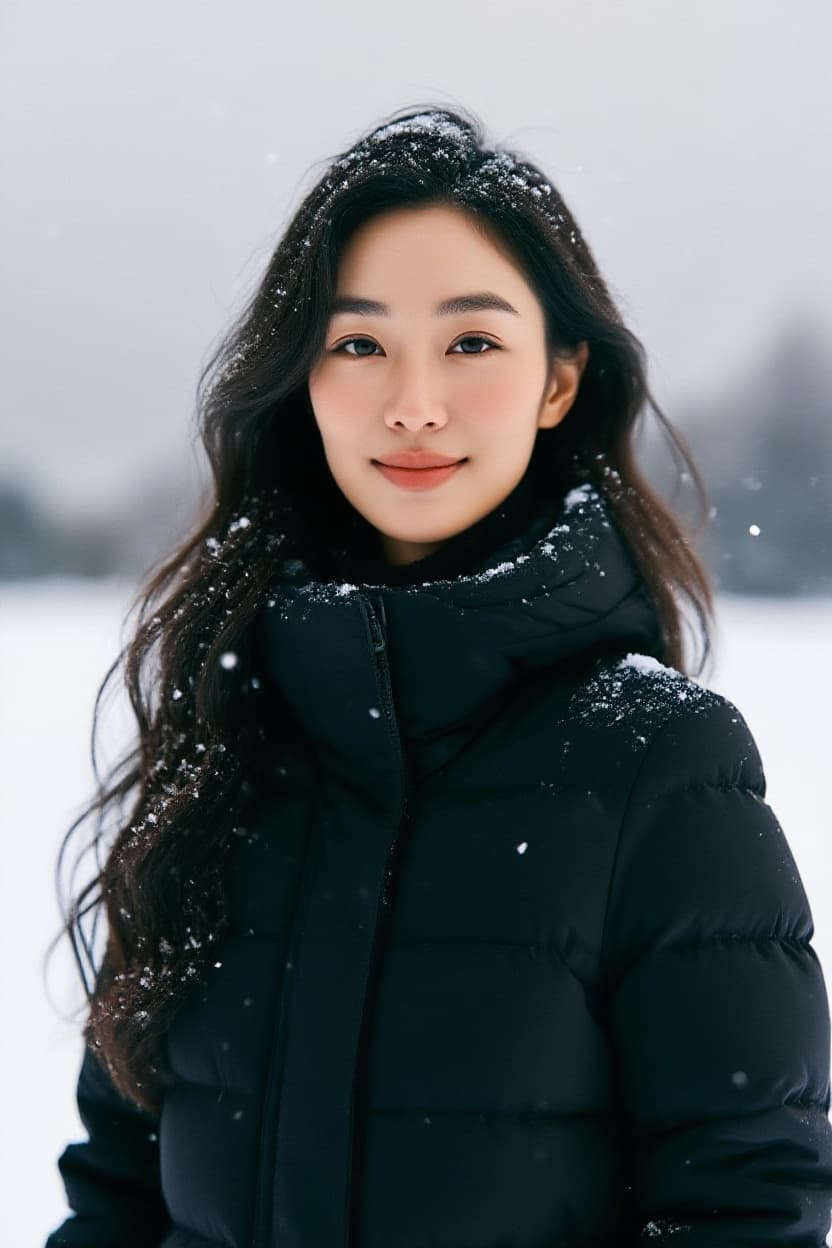 AI generated: Make it so that she is in the middle of the snow, wearing a black snow coat