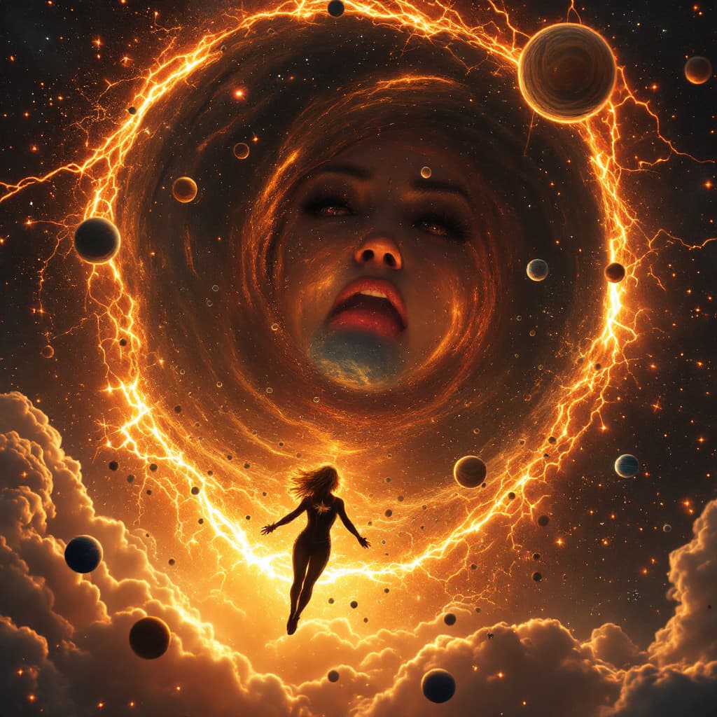 AI generated: enormous giantess captain marvel brie larson
bigger than a galaxy floating in space, minuscule plane...