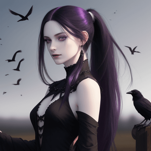 AI generated: high resolution, fantasy, pale skin, purple eyes, long black straight hair with a ponytail, crows in...