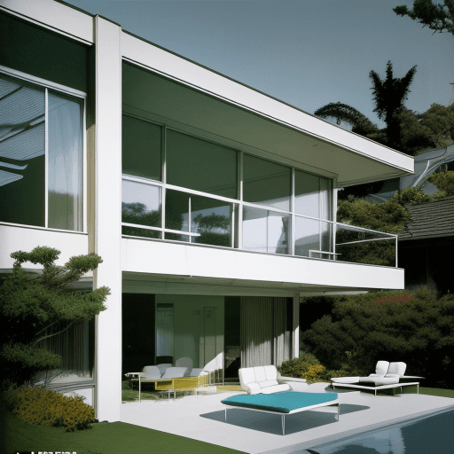 AI generated: Hyper realistic eye level exterior photo of a mid century modern style house overlooking the ocean, ...
