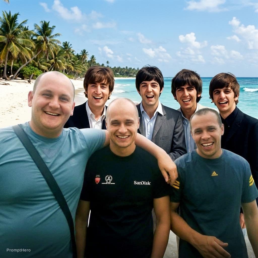 AI generated: with the beatles at a tropical beach, sunny day, both smiling