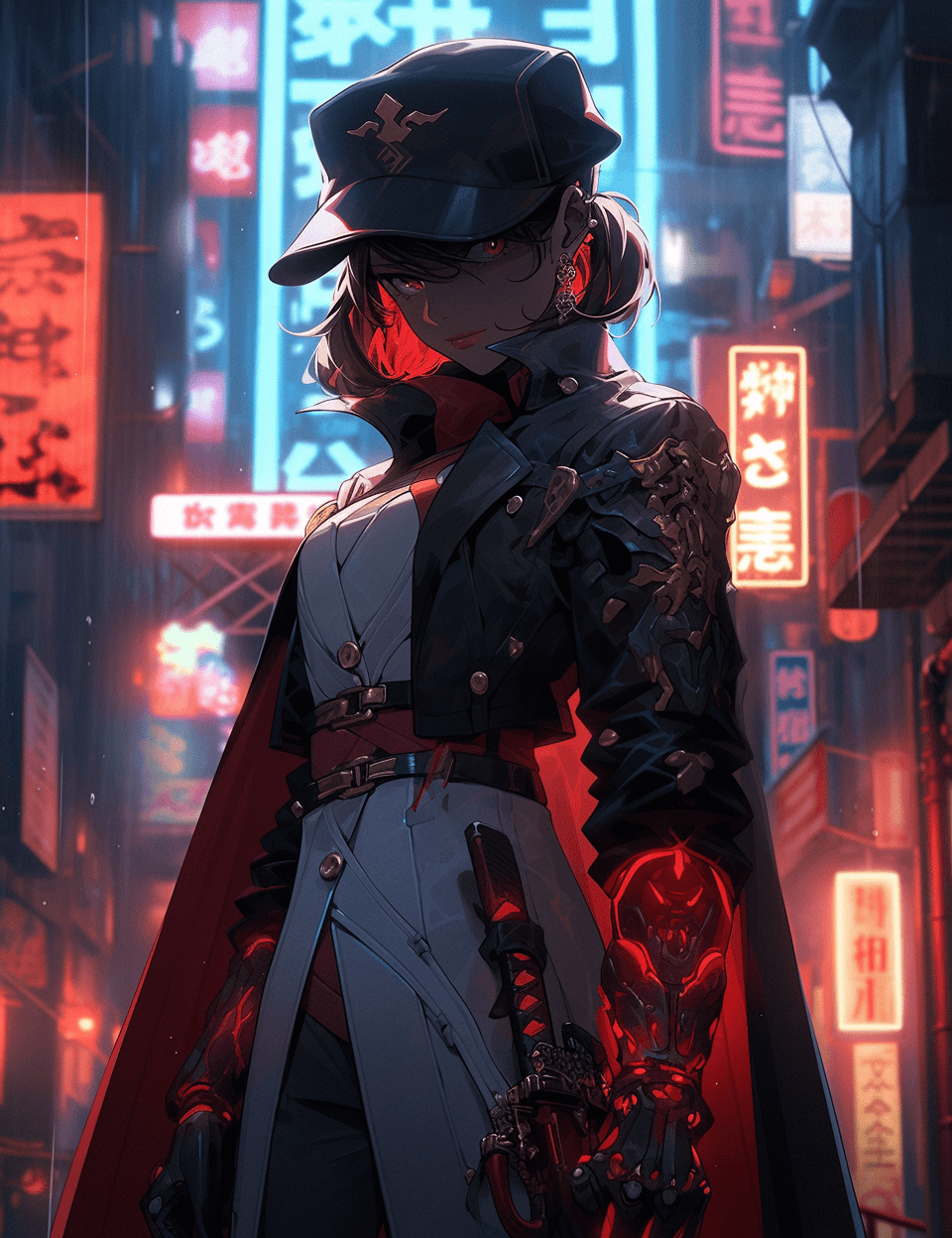 AI generated: a woman standing in front of a neon sign, in the style of hyper-realistic sci-fi, steelpunk, candid ...