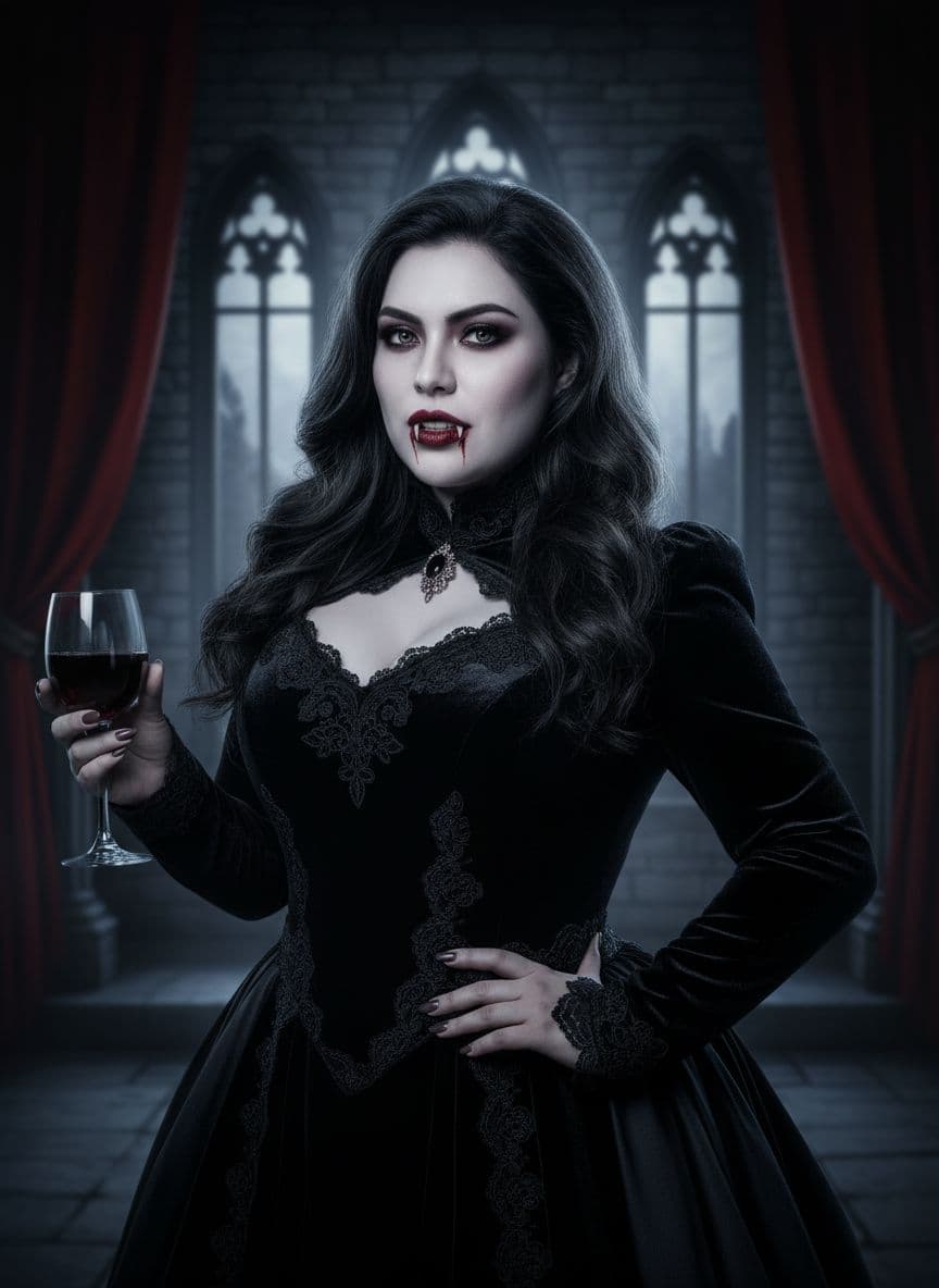 AI generated: Mujer vampiro con la cara de la persona de la imagen que subí.