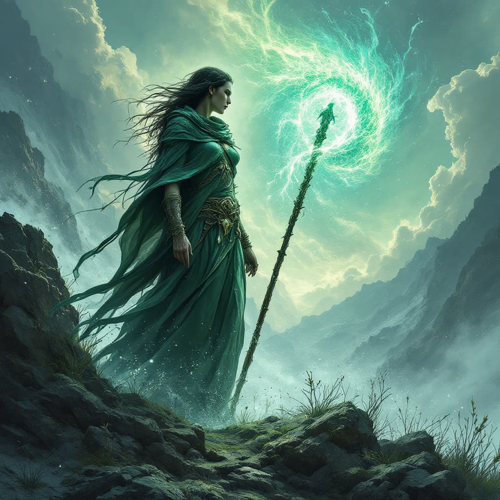AI generated: A resilient nature manipulator, wearing clothing that blends into any environment, wielding a staff ...