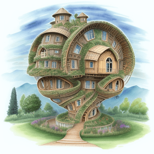 AI generated: fantastic spiral organic house with nature, towns, on it. SIDE VIEW. ink and watercolour drawing