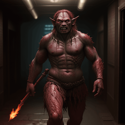 AI generated: masterpiece, a orc creature with red skin and clothing, with a damp and steamy highly detailed corri...