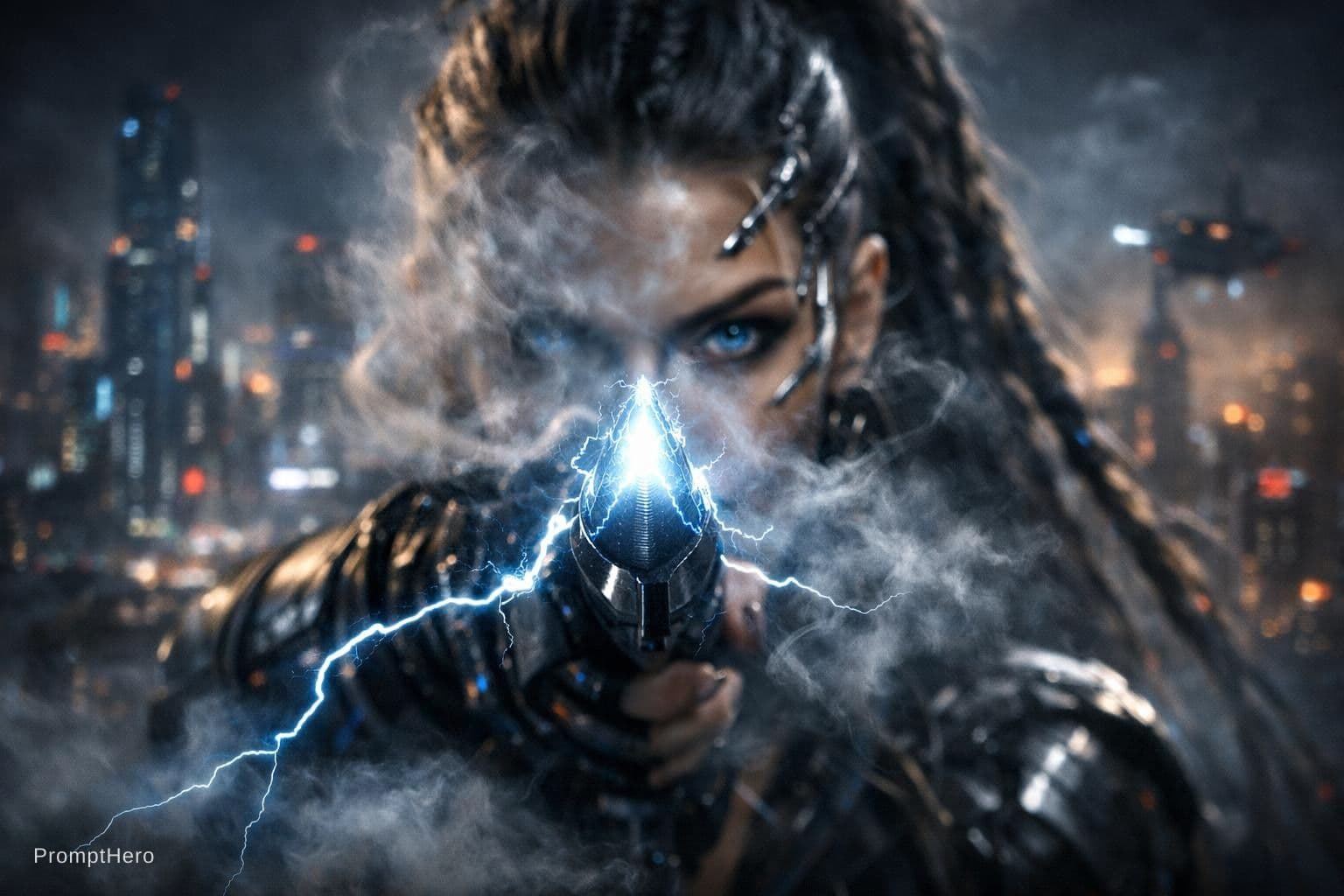 AI generated: Dramatic-epic science fiction scene: You look directly at the tip of the neon-lit blade enveloped in...