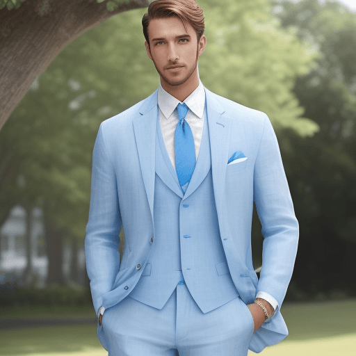 AI generated: Caption: "A light and breezy blue linen suit is perfect for a summertime outdoor wedding. It's cool ...