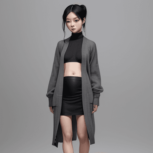 AI generated: Full Body, Pierced Belly, Cardigan, dark charcoal color, young korean woman model, stylish hairstyle...