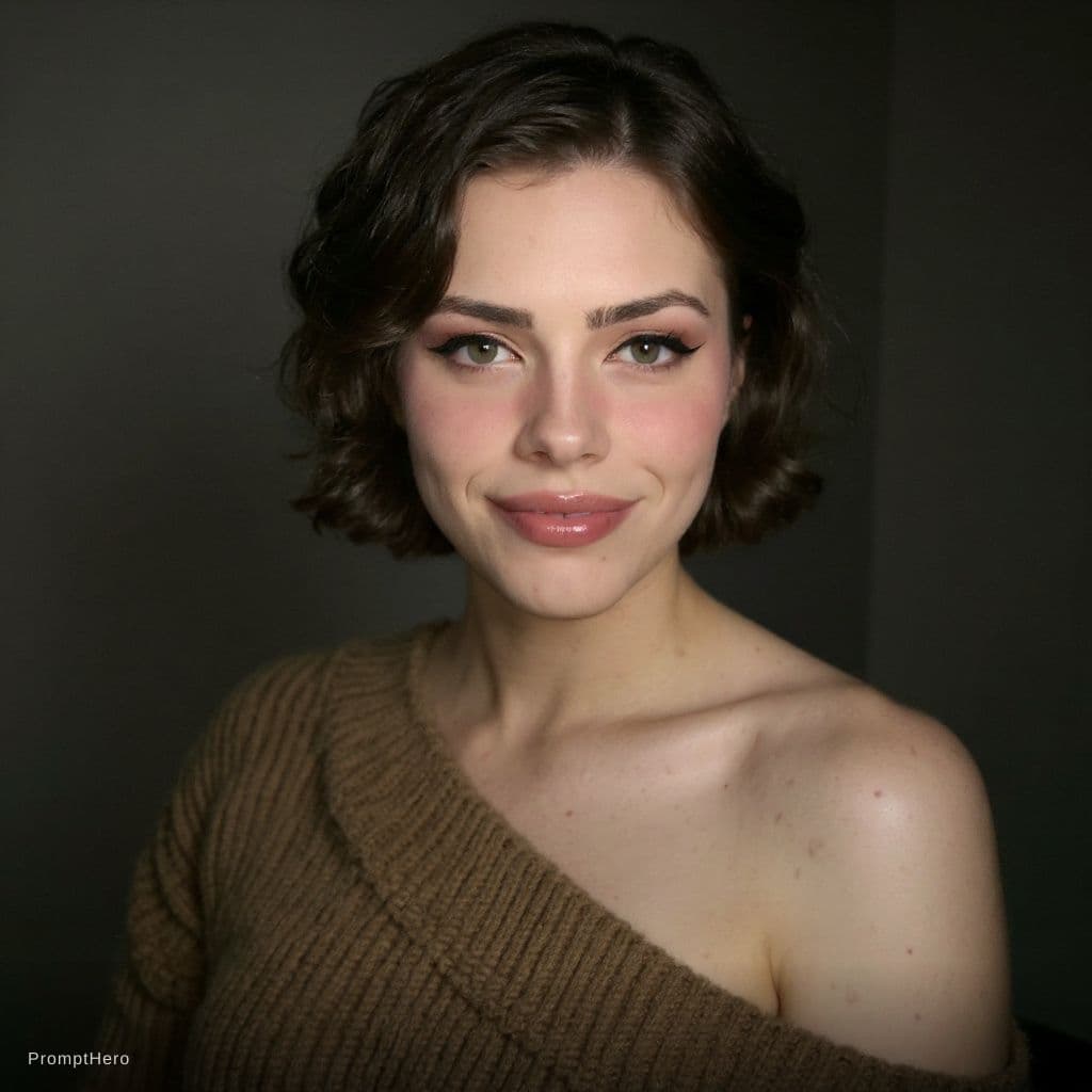 AI generated: A highly realistic portrait of a beautiful feminine person with short layered dark brown hair, strik...