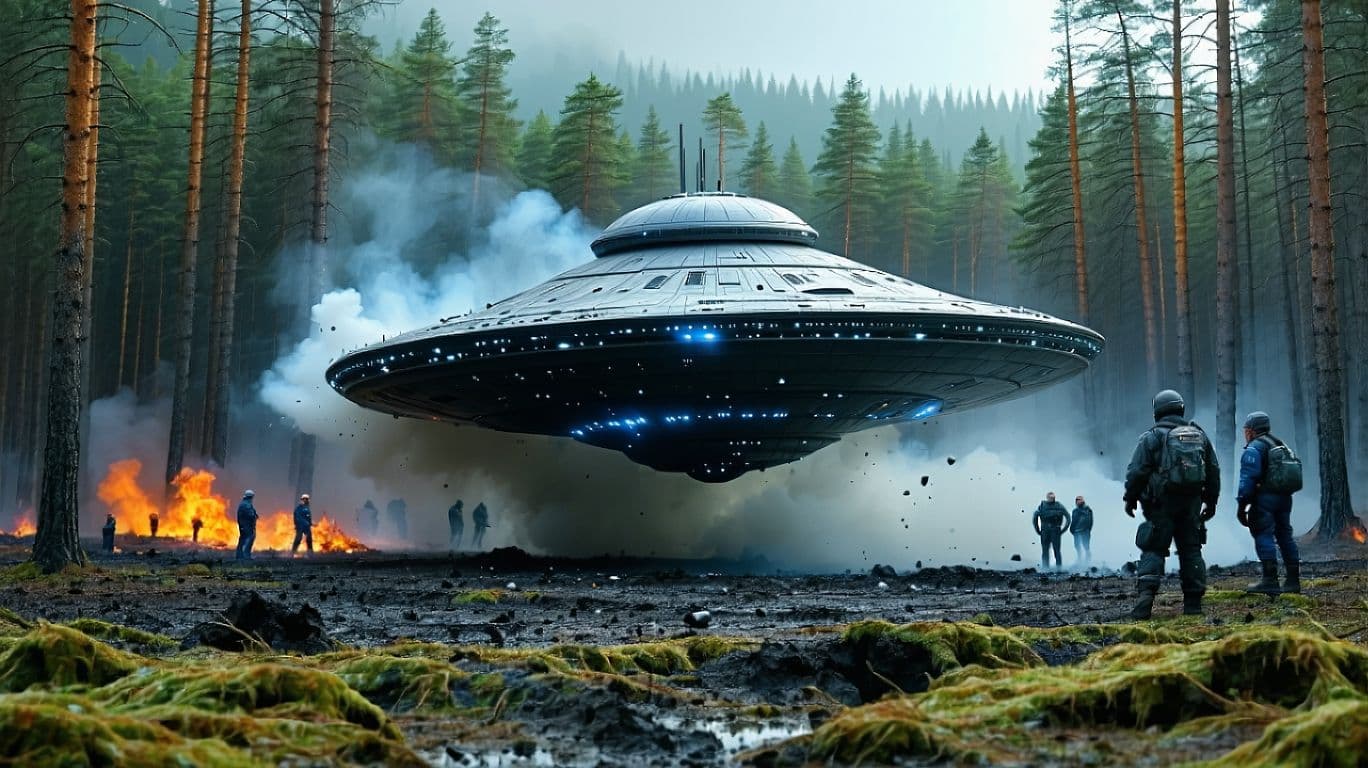 AI generated: a highly detailed UFO crashed in a realistic spruce forest, smoke coming from the UFO, Cracked groun...