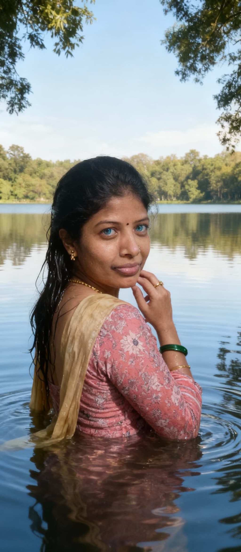 AI generated: 
The uploaded woman stands in a serene lake, her back to the viewer, looking over her shoulder with ...