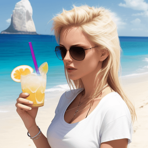 AI generated: a women wearing white t-shirt, on the beach, with drink, rock style, blond hair, does not wear sungl...