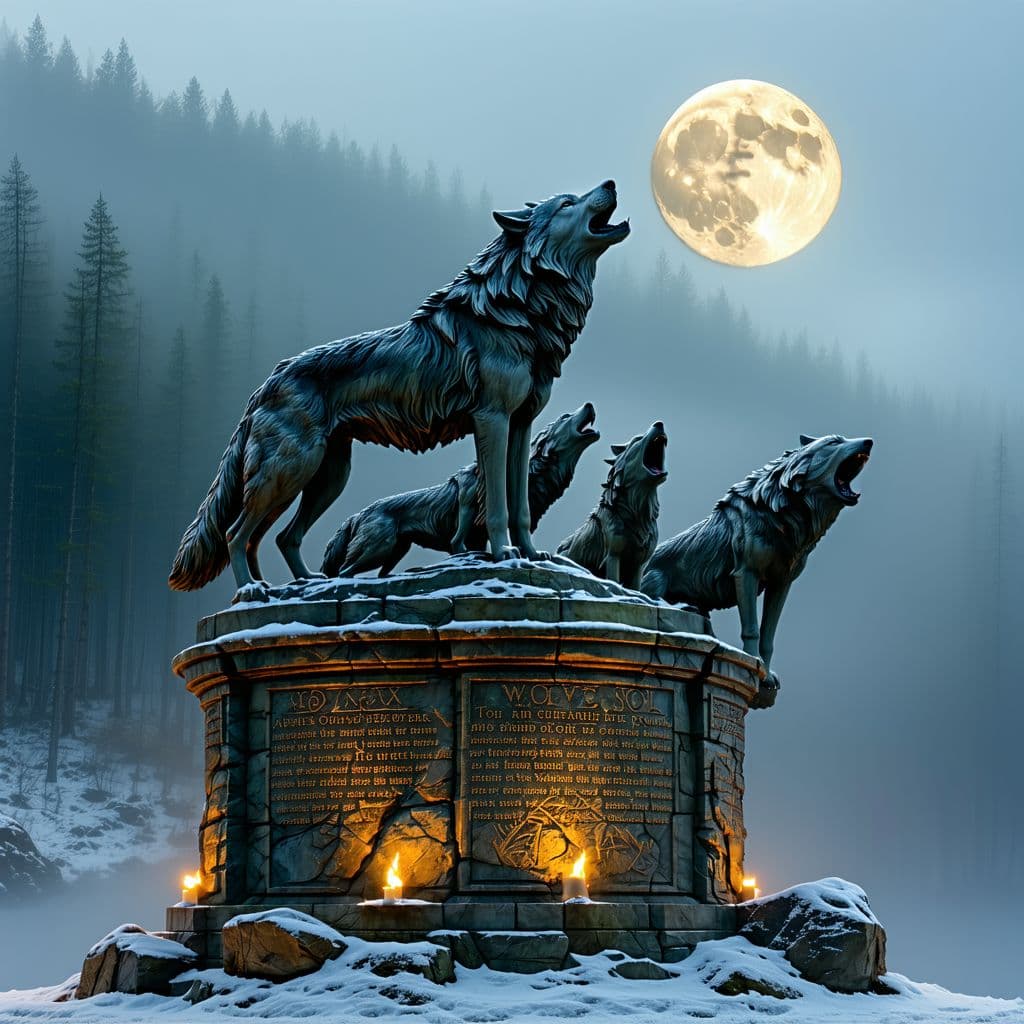AI generated: "A majestic bronze statue depicting a northern wolf pack, set upon a rustic stone base in a misty fo...