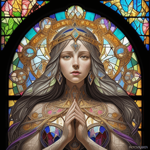 AI generated: stained glass art of goddess, mosaic-stained glass art, stained-glass illustration, close up, portra...