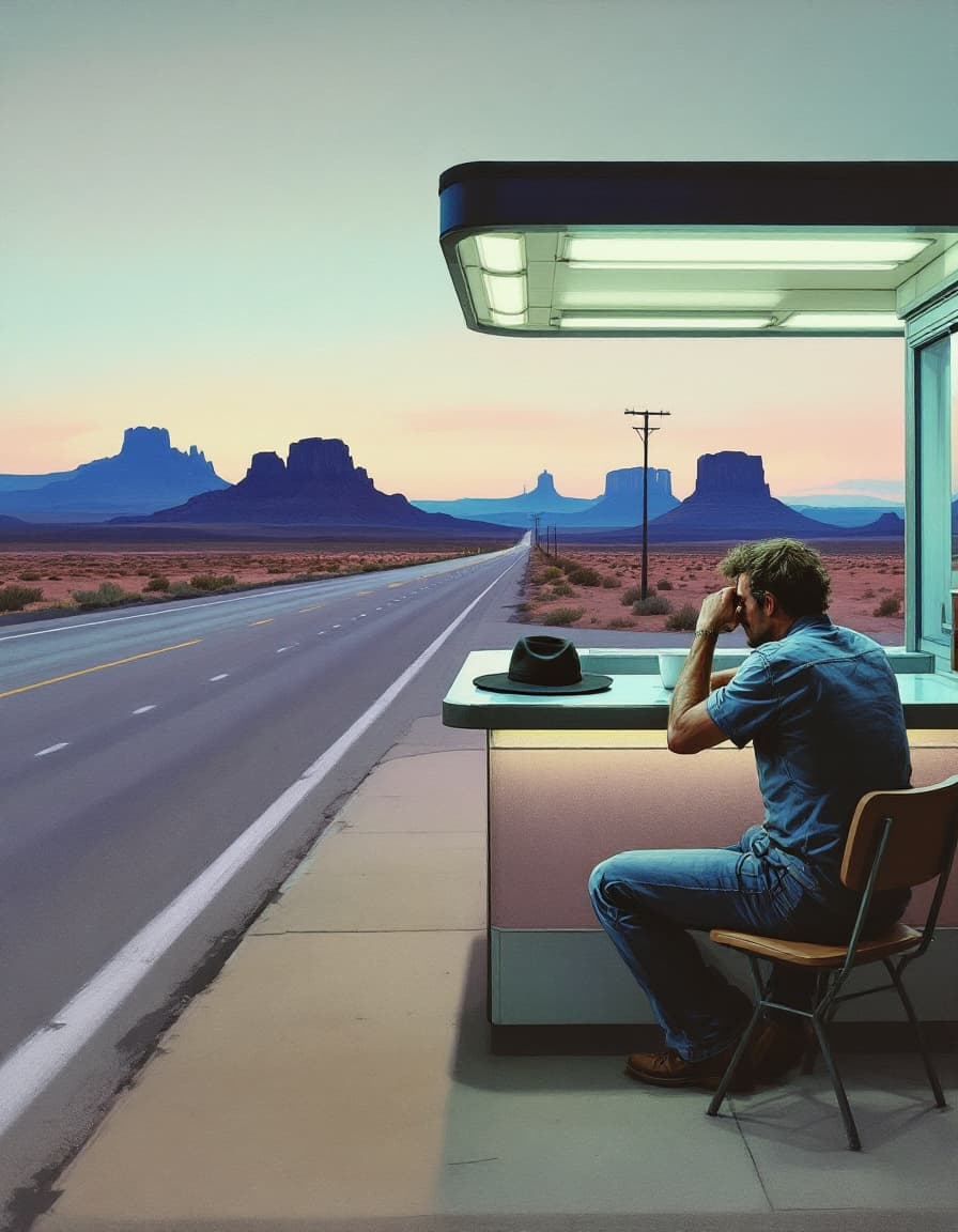 AI generated: A painting in the style of Edward Hopper, set in the 1960s, depicting a solitary man seated at the o...