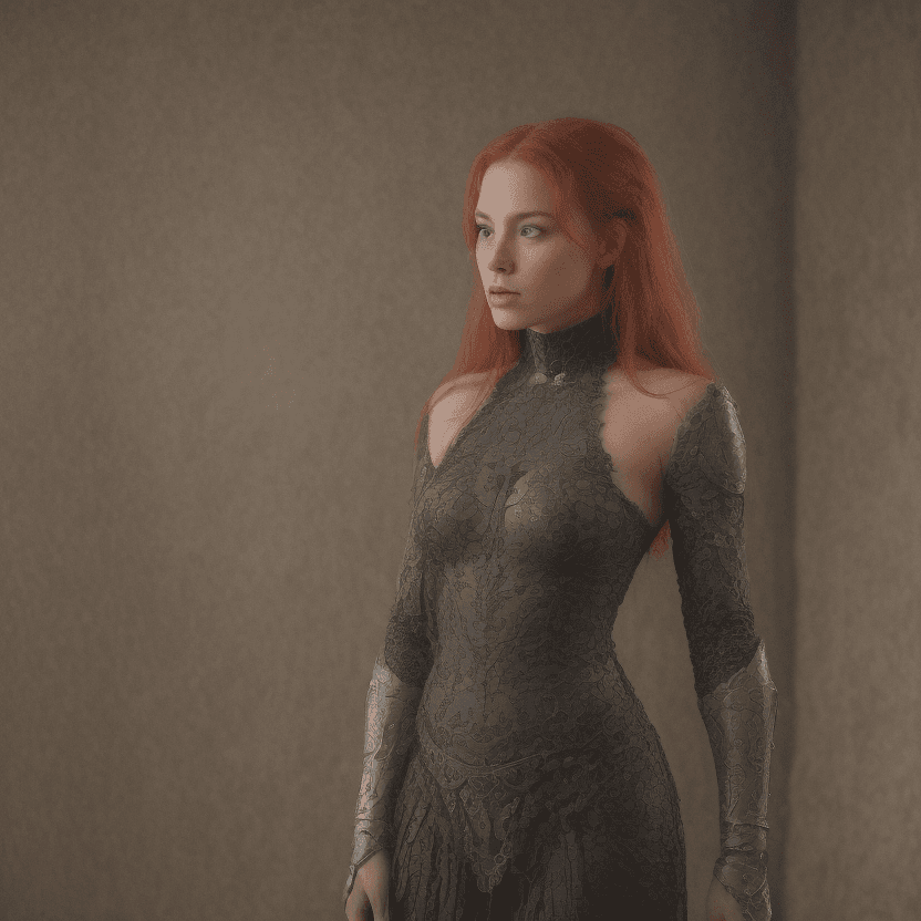 AI generated: A maiden in a medieval inn as the backdrop. Extra long red tresses, a taut body with chiseled abdome...