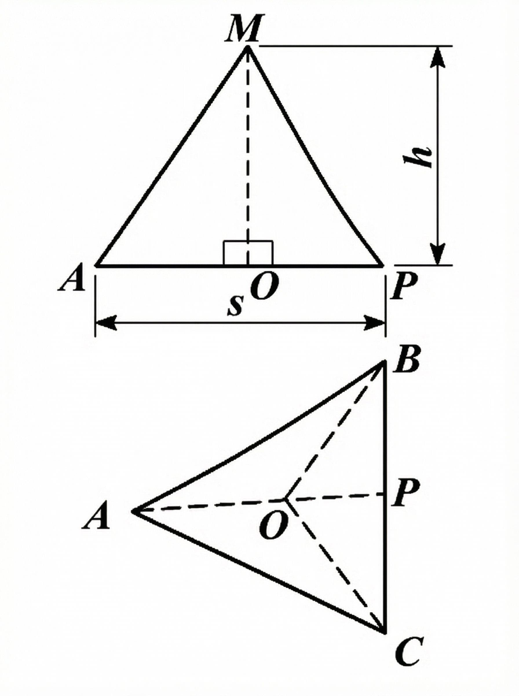 AI generated: Technical drawing of a regular triangular pyramid with a base as an equilateral triangle, and a heig...