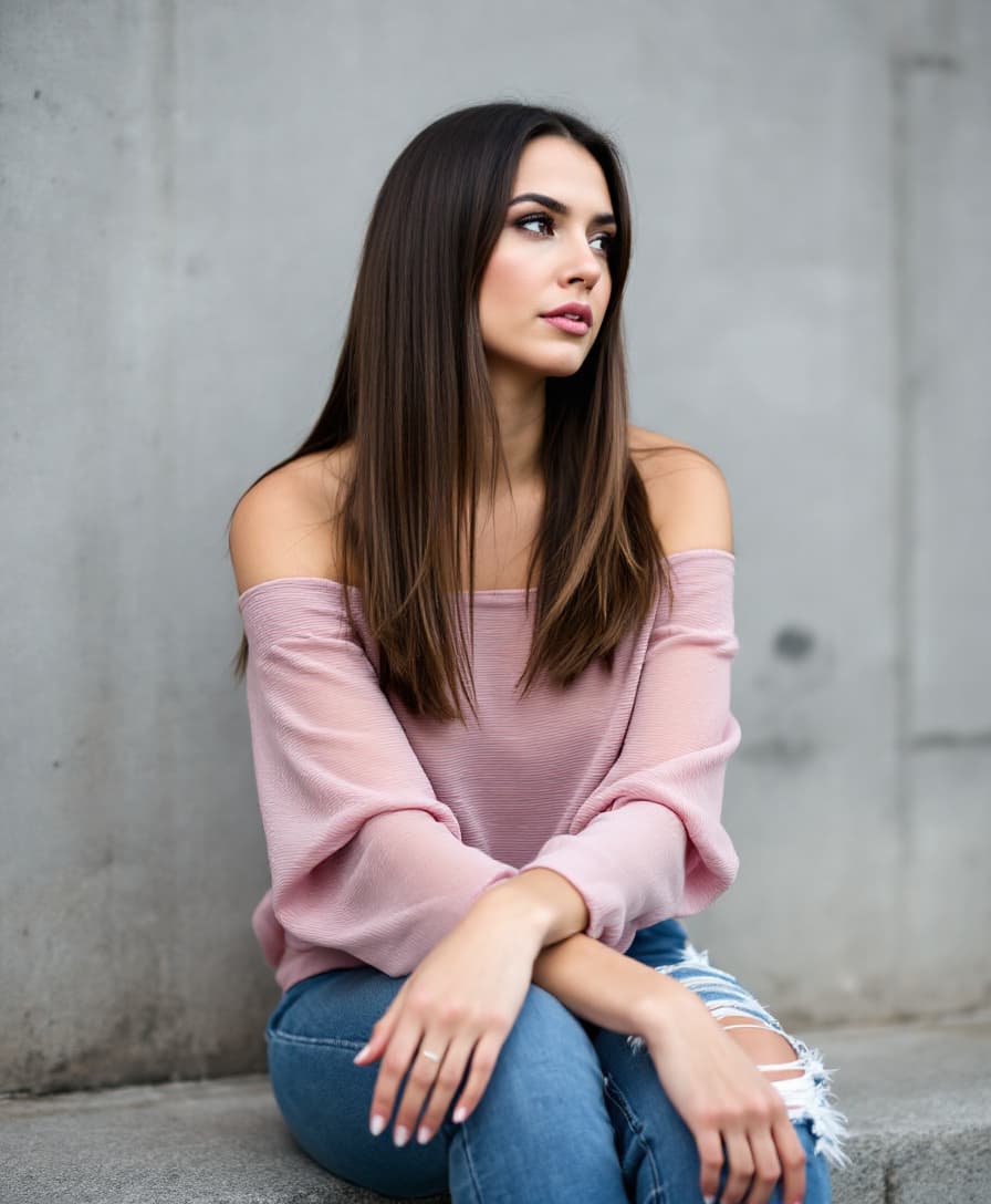 AI generated: A woman is seated on a wide step with her legs crossed. Her straight long brunette hair frames her b...
