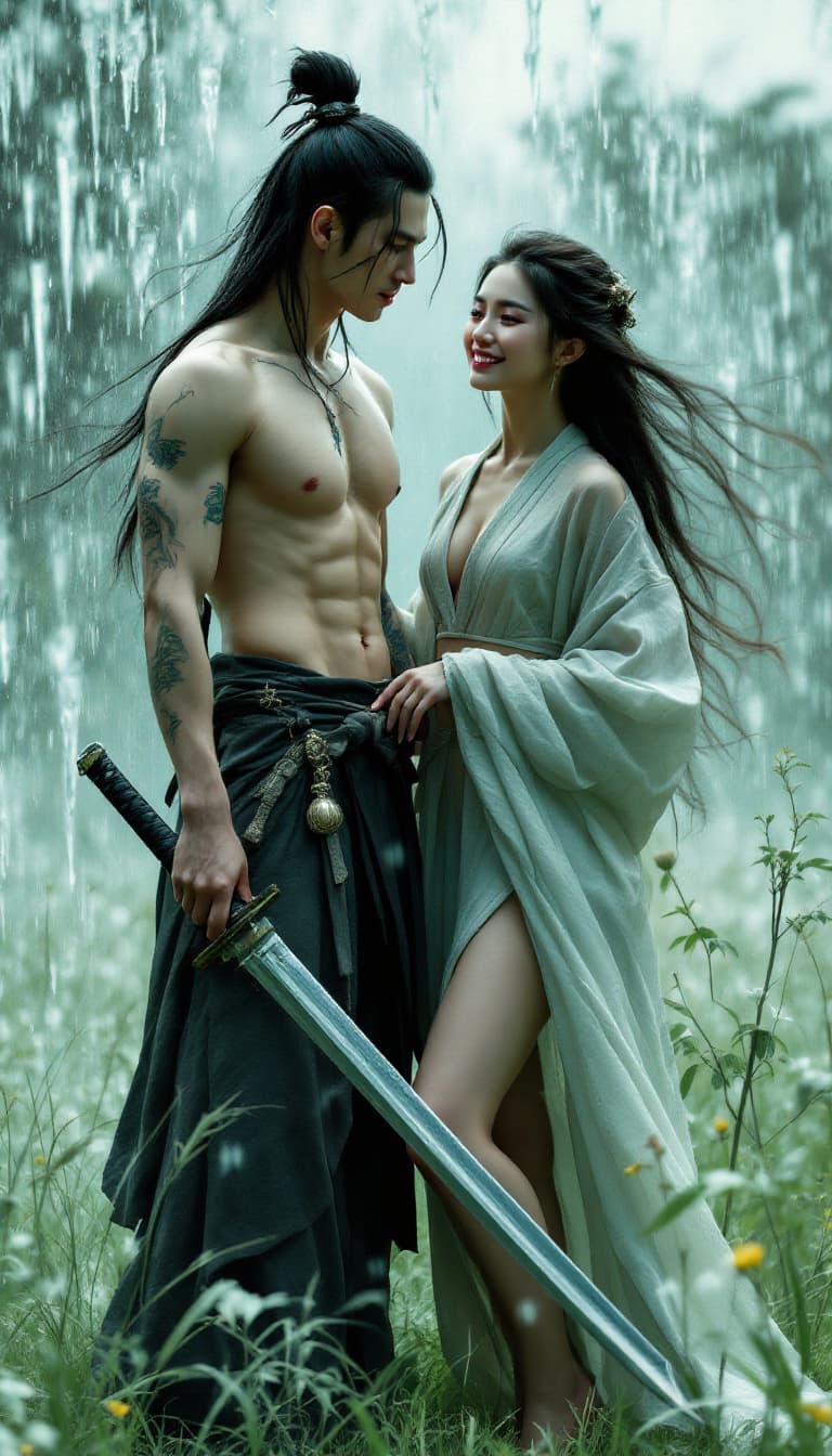 AI generated: full body view A surreal movie scene, a Chinese ninja and a stunning beauty standing in a lawn , the...
