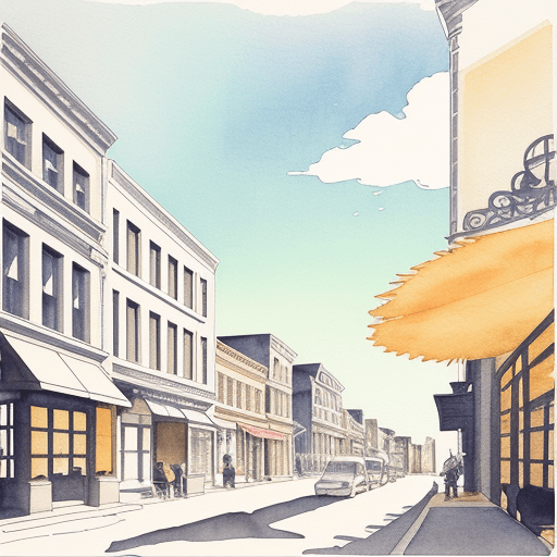 AI generated: Minimalist, detailed illustration, sunny day, main street, ink and watercolour wash