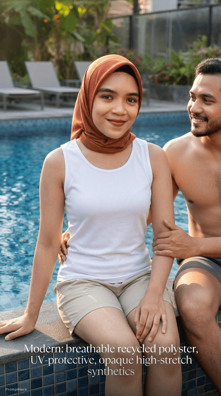 AI generated: She's only wearing white singlet , short pants with hijab