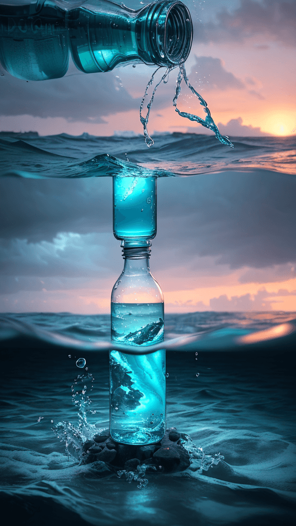 AI generated: QT-KT bottle drifting in the ocean(SOS), cinematic lighting, rich and vibrant in color, exceptionall...