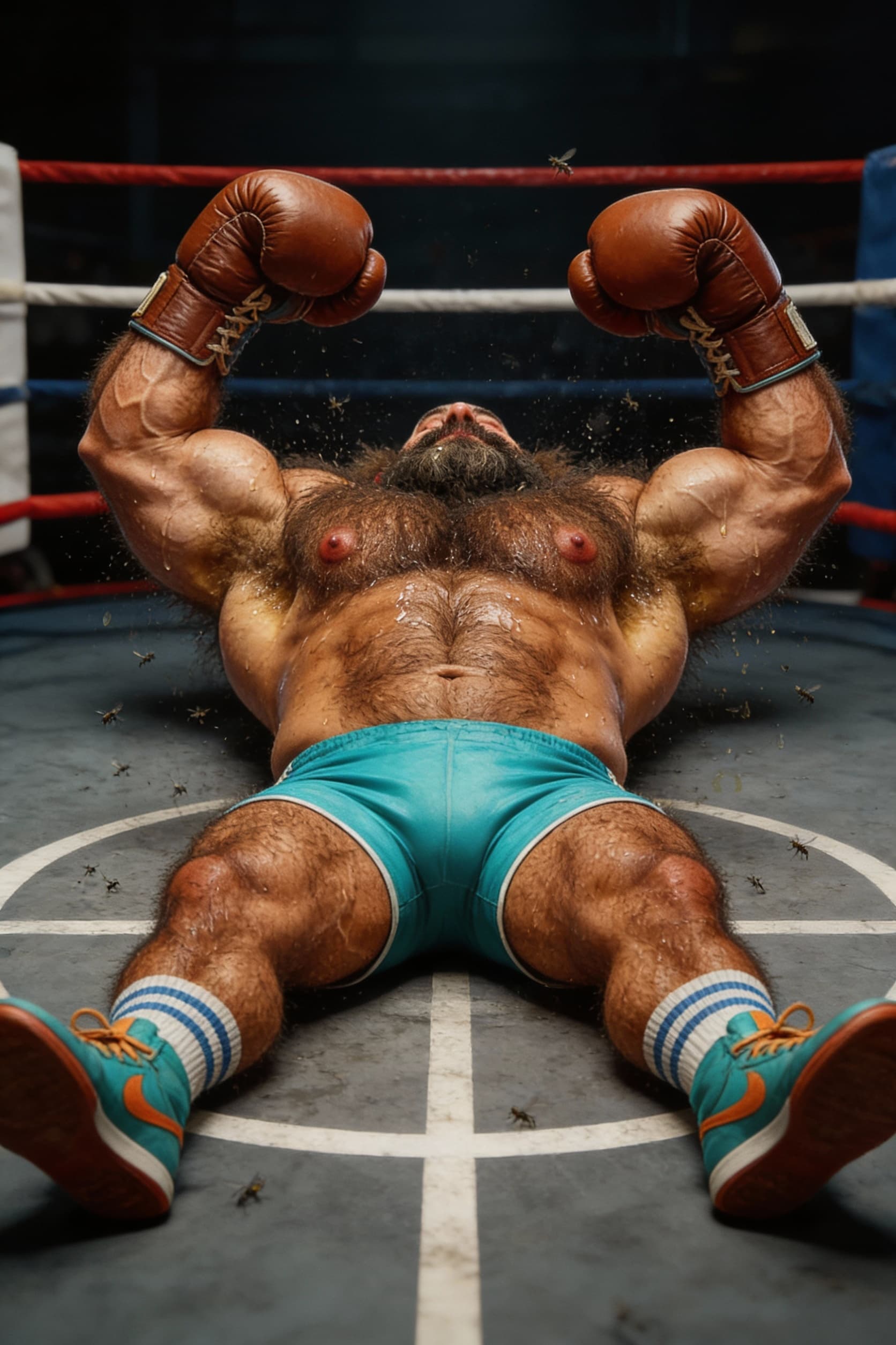 AI generated: PITS, the loser chump boxer is knocked out cold onto his hairy, sweaty back with his massive, hairy,...