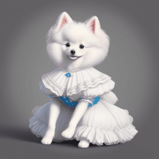 AI generated: cute of a white pomeranian dog, wearing Rococo style dress, 8k, photo realism
