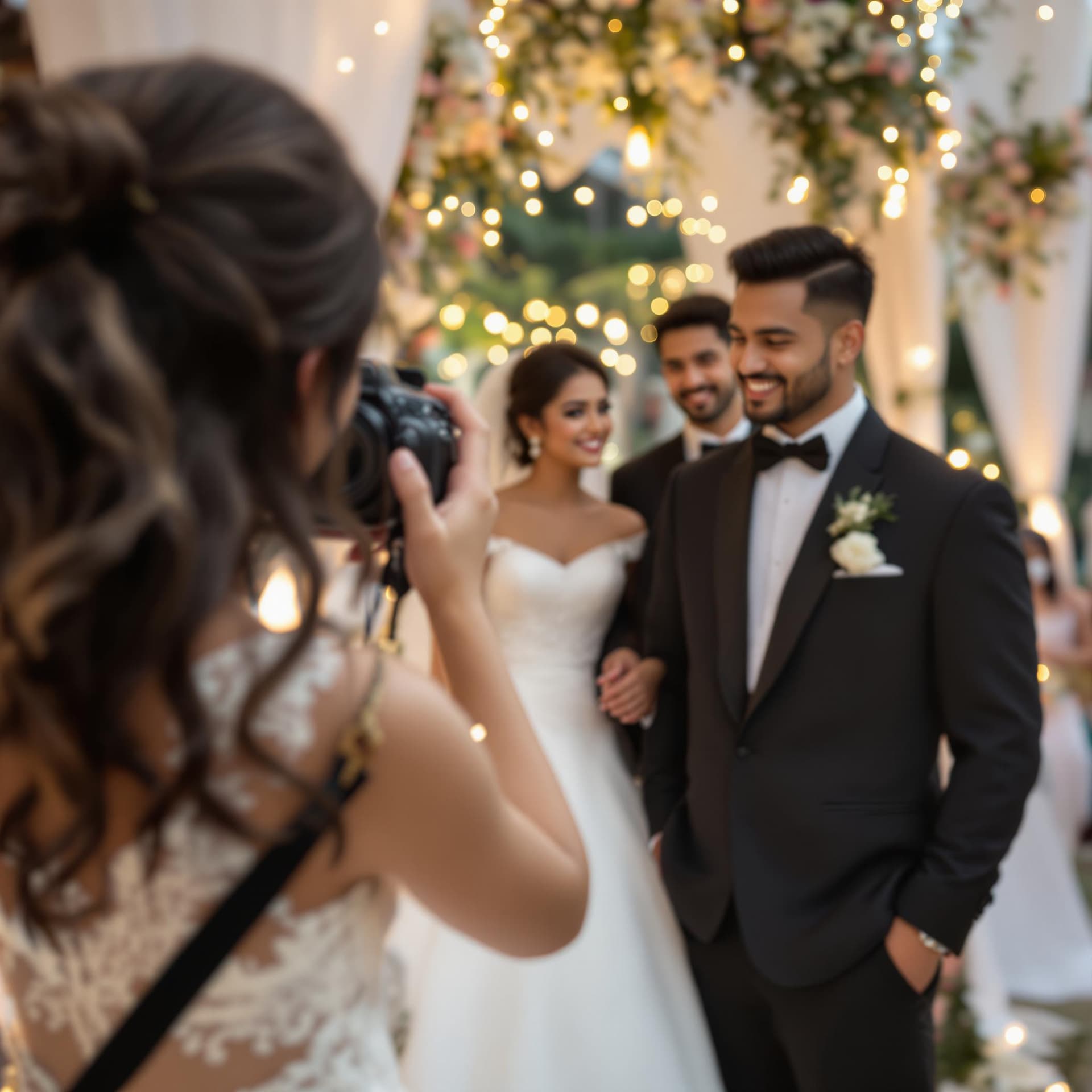 AI generated: Create an image featuring a lady photographer taking photos of a bride and groom at a wedding in ker...