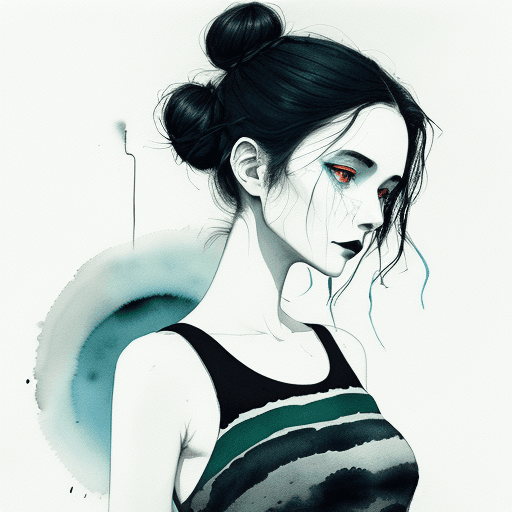 AI generated: human controlled by technology style beautiful  girl, black hair, messy small bun hair style, dark l...