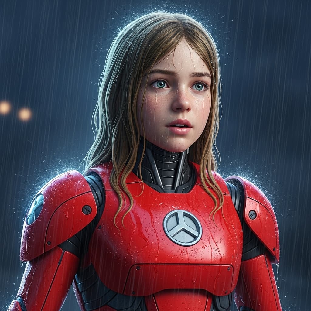 AI generated: young girl with a red robot suit standing in the rain, in the style of detailed hyperrealism, skotti...