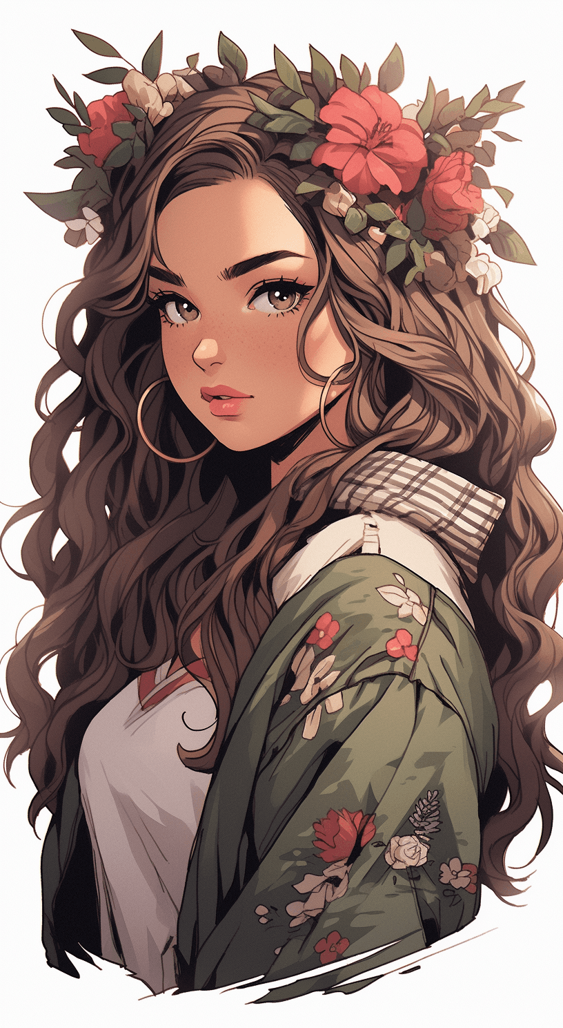 AI generated: drawing an artistic digital image of a girl that has flowers in the crown, in the style of frank cho...