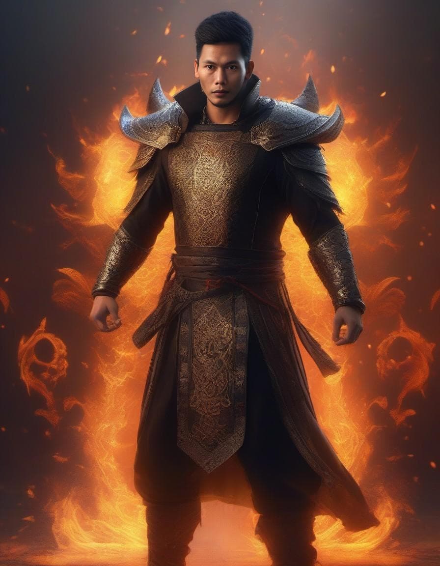 AI generated: brutal man king of fire in spiral flame, fog, mist background glorious , perfect face, realistic, fu...