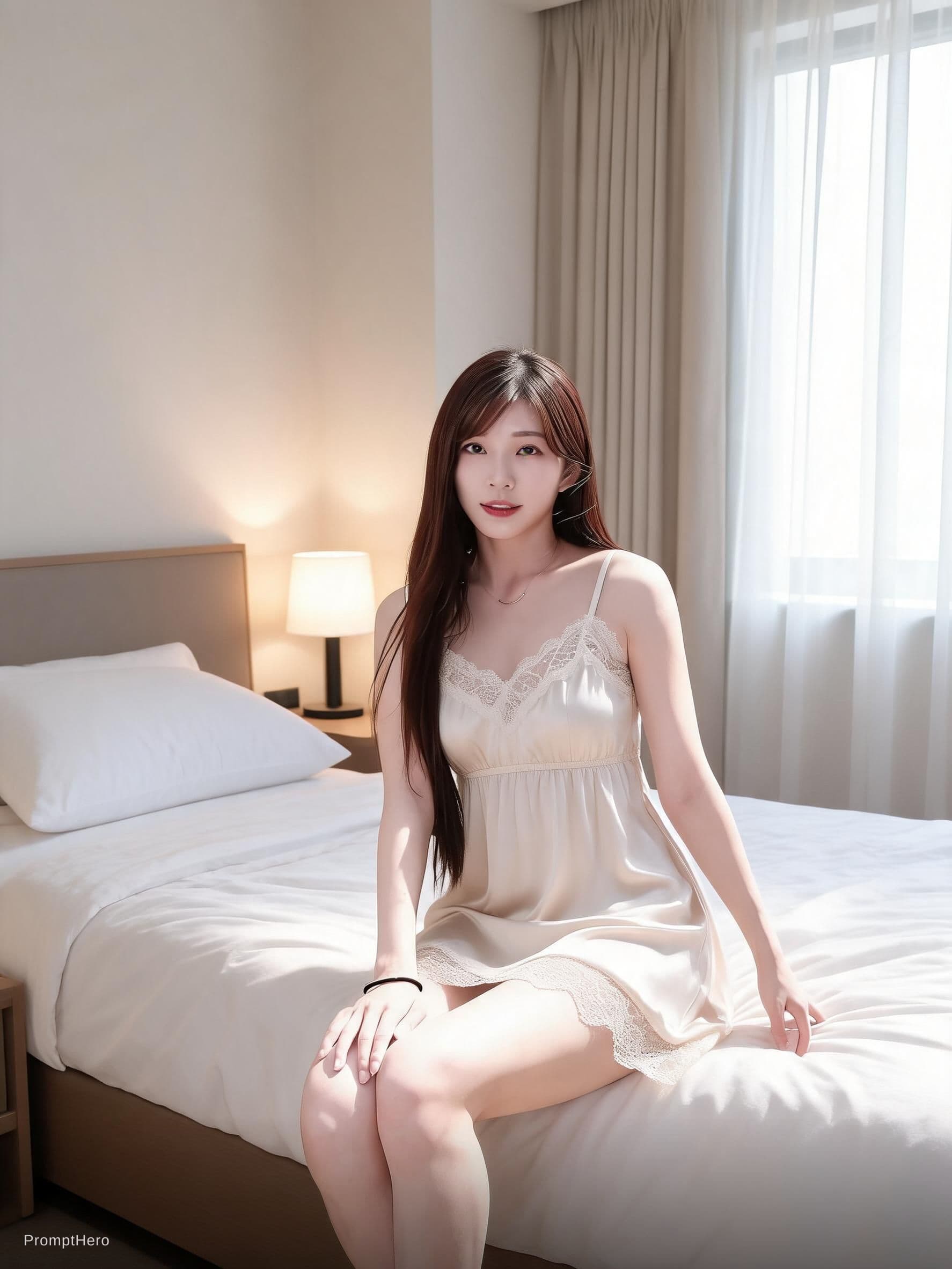 AI generated: girls is dressed in a two piece night gown dress sitting her bedroom